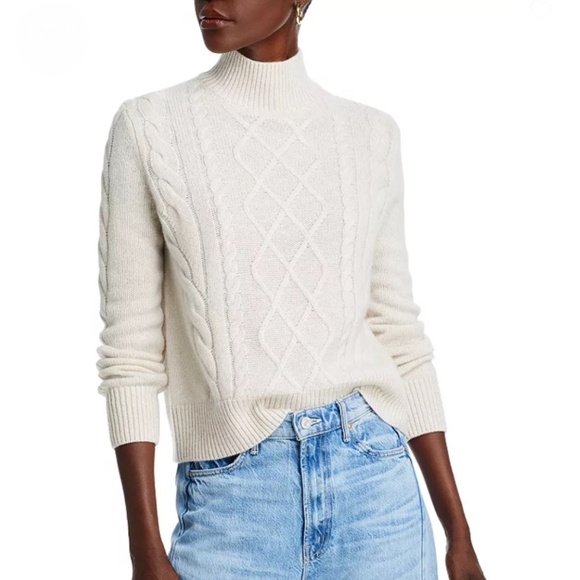 Luxurious 100% Cashmere Mock Neck Cable Cashmere Sweater By Aqua in Oatmeal - Picture 6 of 8